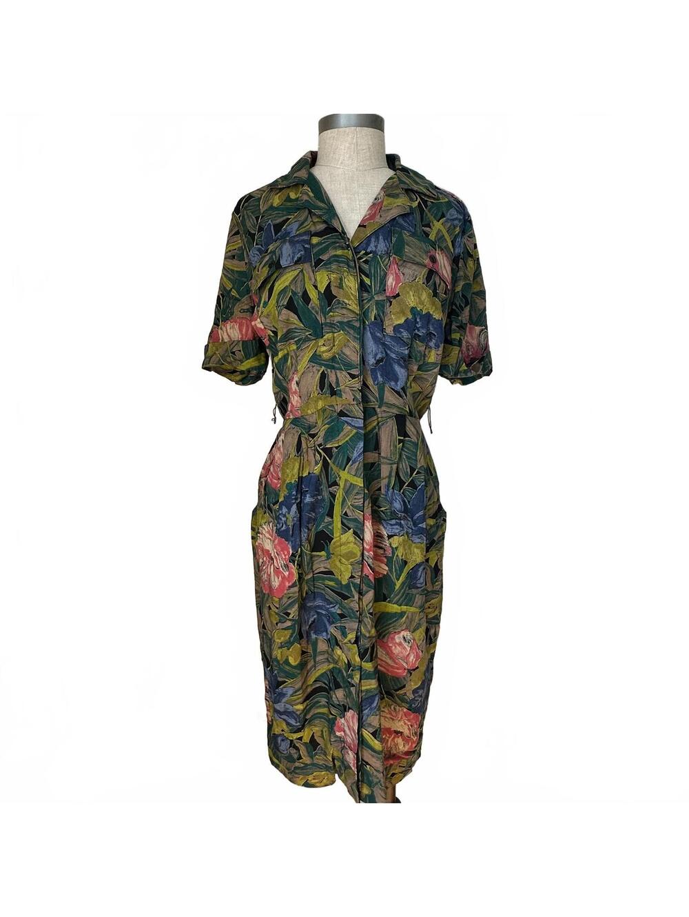 Vintage Jessica Howard Hawaiian Tropical Floral Midi Dress Short Sleeve Medium